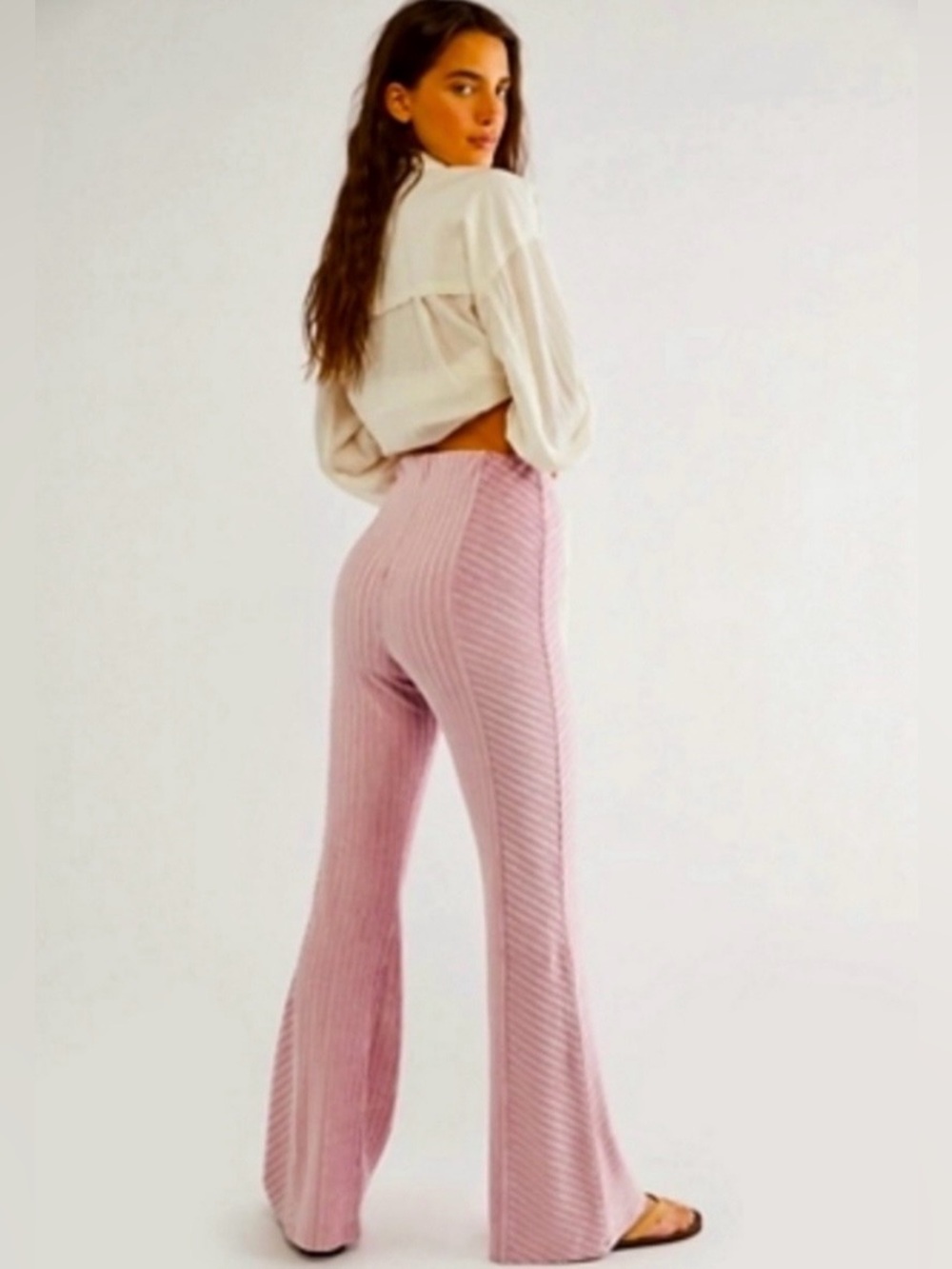 Free People Pink Slim Velvet Pull-On Ribbed Flare Pants